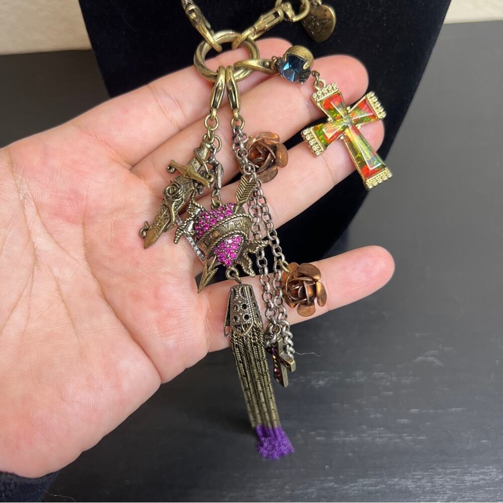 Betsey Johnson Purple Rhinestone Heart Knife CrossCharm Statement Chain Necklace - Picture 3 of 9